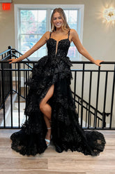 Black Prom Dress A Line Spaghetti Straps Tiered Long Appliqued Evening Dress With Slit